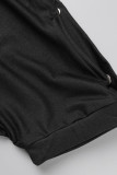 ブラックカジュアルソリッドパッチワーク斜め襟半袖ツーピース