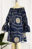 Blue Casual Print Patchwork Flounce Off the Shoulder Straight Dresses