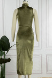Olive Green Sexy Solid Patchwork Slit Fold Half A Turtleneck Pencil Skirt Dresses