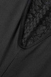 Schwarze sexy feste Pailletten Patchwork durchsichtige dünne Overalls mit O-Ausschnitt