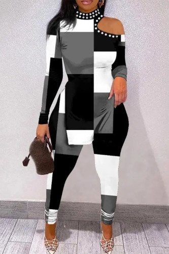 Black White Sexy Casual Print Hollowed Out Slit Printing Half A Turtleneck Long Sleeve Two Pieces