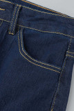 Синие повседневные однотонные джинсы с высокой талией в технике пэчворк