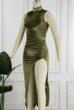 Оливково-зеленый сексуальный сплошной лоскутный разрез с разрезом половина водолазки юбка-карандаш платья