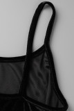 ブラック カジュアル ソリッド パッチワーク スパゲッティ ストラップ 長袖 ツーピース