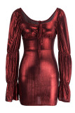 ブラック セクシー ソリッド パッチワーク スクエア カラー ワンステップ スカート ドレス