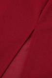 Rode elegante effen patchwork rugloze split vouw O hals rechte jurken