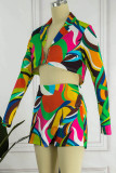 Green Sexy Print Patchwork Asymmetrical Turn-back Collar Long Sleeve Two Pieces