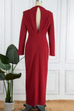 Rode elegante effen patchwork rugloze split vouw O hals rechte jurken