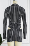 Black Sexy Street Striped Print Hollowed Out Patchwork Asymmetrical Turndown Collar Long Sleeve Two Pieces