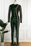 Green Sexy Solid Sequins Patchwork See-through O Neck Skinny Jumpsuits