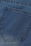 Синие повседневные однотонные джинсы с высокой талией в технике пэчворк