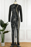 Coffee Sexy Solid Sequins Patchwork See-through O Neck Skinny Jumpsuits