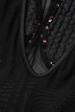 Noir Sexy Solide Paillettes Patchwork Demi Un Col Roulé Jupe Crayon Robes