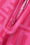 Розово-красный сексуальный принт с пряжкой и круглым вырезом с длинным рукавом из двух частей