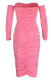 Roze sexy effen patchwork vouw asymmetrische off-shoulder kokerrok jurken