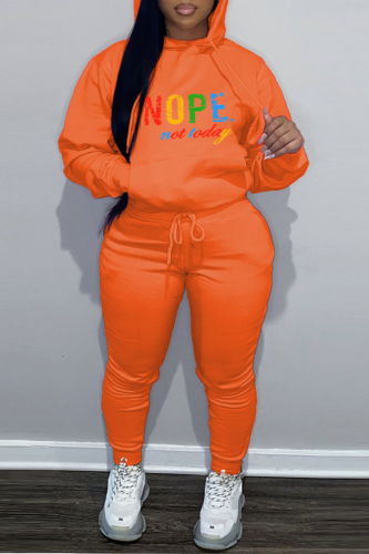 Orange Street Letter Print Hooded Collar Long Sleeve Sweatshirt And Draw String Pants Sportwear Plus Size Two Piece Jogger Set