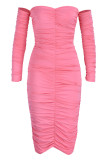ピンクのセクシーなソリッドパッチワークは、肩のペンシルスカートドレスから非対称に折ります