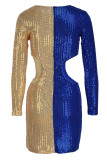 Blauwe sexy effen uitgeholde patchwork pailletten O-hals A-lijn jurken