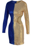 Blaue, sexy, solide, ausgehöhlte Patchwork-Pailletten mit O-Ausschnitt und A-Linien-Kleidern