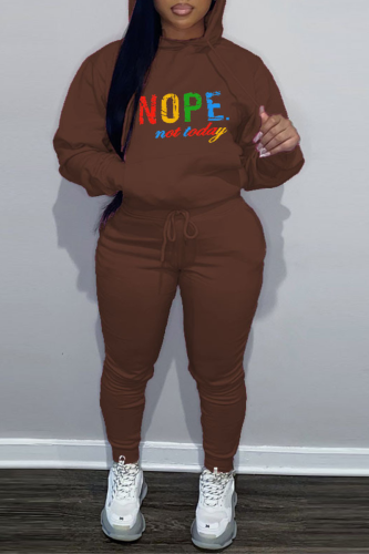 Brown Street Letter Print Hooded Collar Long Sleeve Sweatshirt And Draw String Pants Sportwear Plus Size Two Piece Jogger Set