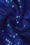 Azul Sexy Sólido Ahuecado Lentejuelas Patchwork O Cuello Una Línea Vestidos