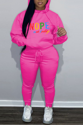 Rose Red Street Letter Print Hooded Collar Long Sleeve Sweatshirt And Draw String Pants Sportwear Plus Size Two Piece Jogger Set