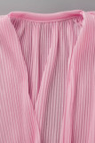Due pezzi a maniche lunghe con scollo a V patchwork in tinta unita rosa sexy