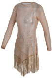 Абрикосовые сексуальные однотонные лоскутные прозрачные платья с круглым вырезом и круглым вырезом с кисточками