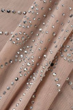 Albaricoque sexy sólido borla patchwork transparente taladro caliente o cuello un paso falda vestidos