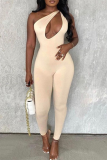 Cream White Sexy Solid Hollowed Out One Shoulder Skinny Jumpsuits