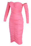 Pink Sexy Solid Patchwork Fold Asymmetrical Off the Shoulder Pencil Skirt Dresses