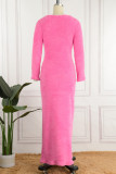 Robes de jupe crayon à col rond en patchwork uni de rue rose