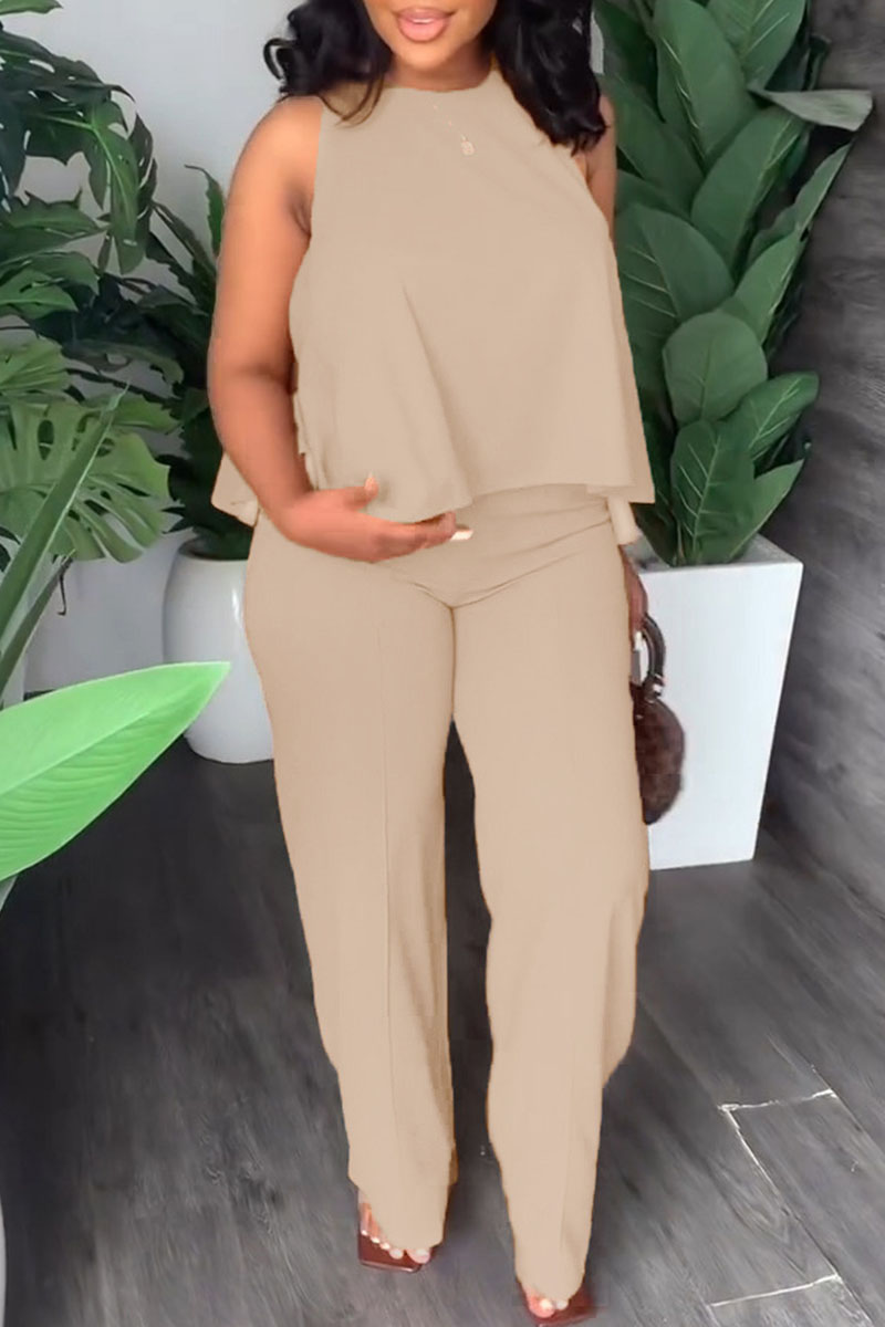 

Khaki Casual Solid Patchwork O Neck Sleeveless Two Pieces