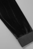 Schwarzer, lässiger, solider Patchwork-Kapuzenkragen mit langen Ärmeln, zweiteilig