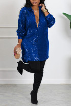 Blau Sexy Casual Solide Pailletten Hemdkragen Hemdkleid Kleider