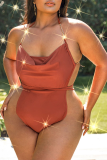 Tangerine Red Sexy Solid Chains Halfter Plus Size Bademode