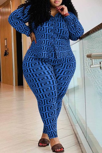 Royal Blue Casual Print Patchwork Turndown Collar Plus Size Two Pieces