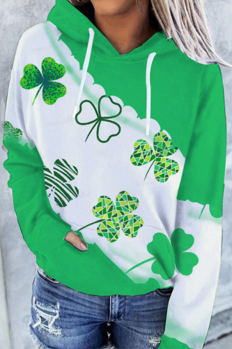 Green White Street Print Patchwork Draw String Hooded Collar Tops