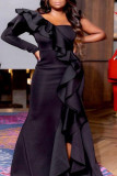 ブラック エレガント ソリッド パッチワーク フラウンス 非対称カラー イブニングドレス ドレス
