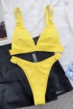 Conjunto de roupa de banho amarela sexy sem costas lisa (com enchimentos)