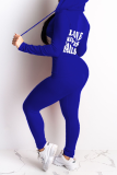 Blue Casual Print Letter Hooded Collar Long Sleeve Two Pieces