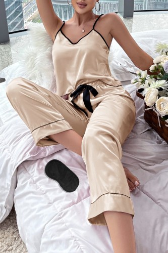 Champagne Sexy Living Solid Patchwork Backless Sleepwear Three-piece Set (With Eye Mask)