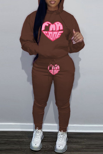 Brown Street Graphics Print Hooded Collar Long Sleeve Sweatshirt And Pants Sportwear Plus Size Two Piece Jogger Set