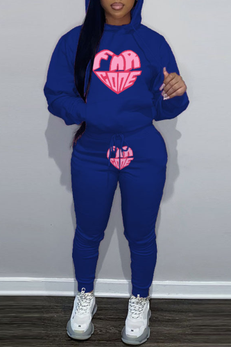 Blue Street Graphics Print Hooded Collar Long Sleeve Sweatshirt And Pants Sportwear Plus Size Two Piece Jogger Set