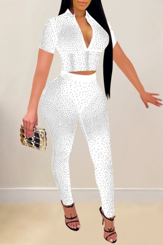 White Sexy Patchwork Hot Drilling See-through Zipper Collar Short Sleeve Two Pieces