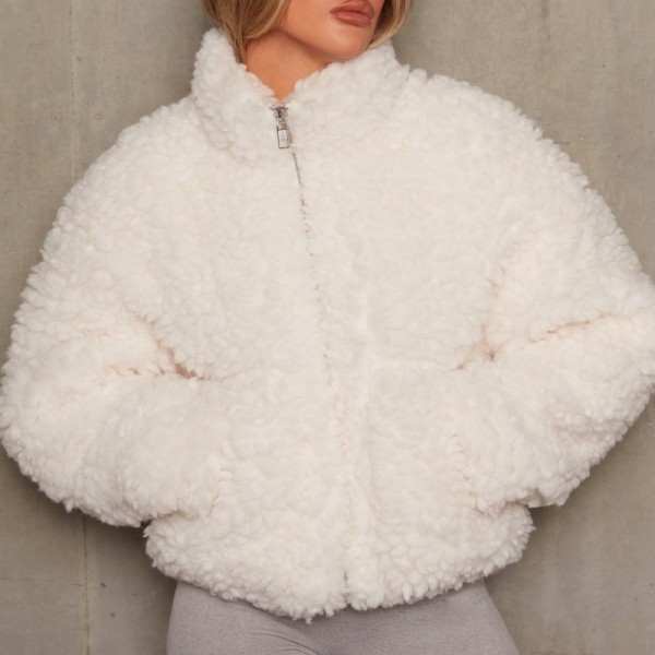 Prendas de abrigo con cuello de cremallera básico de patchwork sólido casual blanco crema