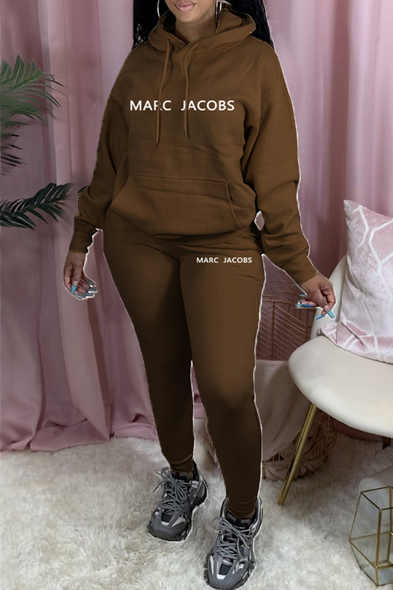 

Coffee Casual Print Letter Hooded Collar Long Sleeve Two Pieces