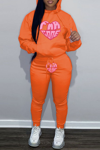 Orange Street Graphics Print Hooded Collar Long Sleeve Sweatshirt And Pants Sportwear Plus Size Two Piece Jogger Set