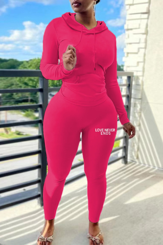 Rose Red Casual Letter Print Hooded Collar Long Sleeve Sweatshirt And Skinny Pants Sportwear Two Pieces Sweatsuit Set