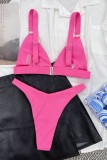 Conjunto de roupa de banho lisa rosa sexy sem costas (com enchimentos)
